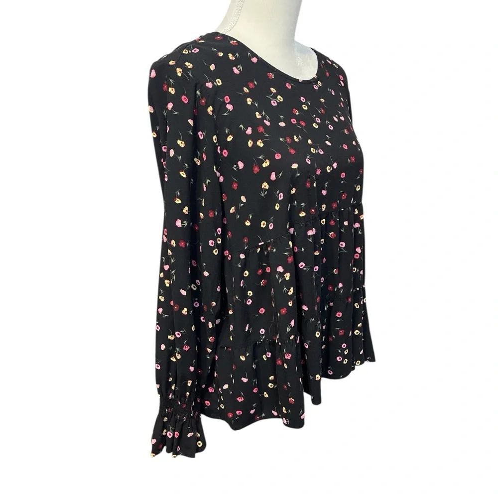 Popsugar Women Floral Babydoll Blouse Long Sleeve Black Sz XXL Fairy Boho Flowy - Picture 4 of 10
